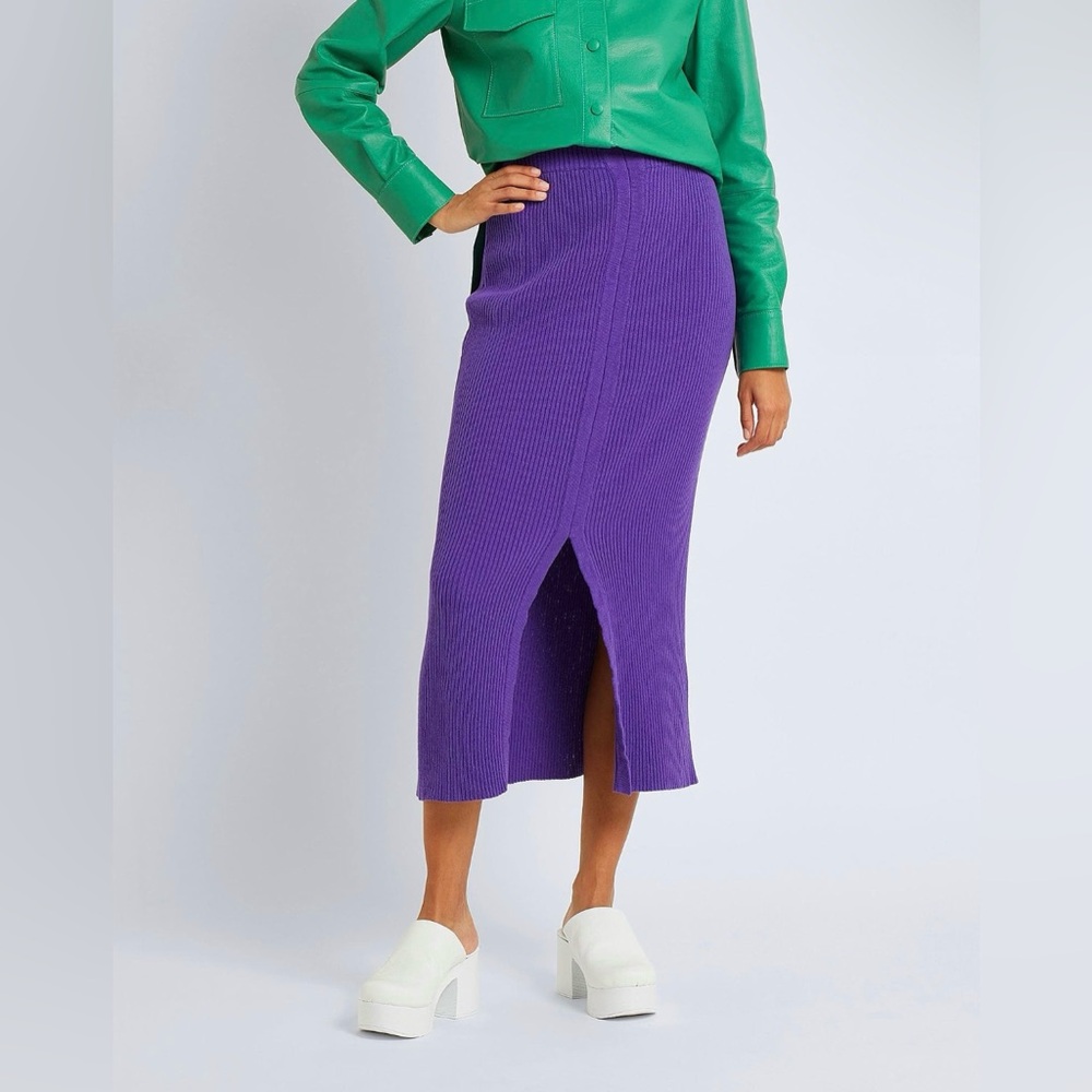 YOOX Ribbed Bodycon High-Waist Purple Front Slit Midi Modest Sweater Skirt Sz S